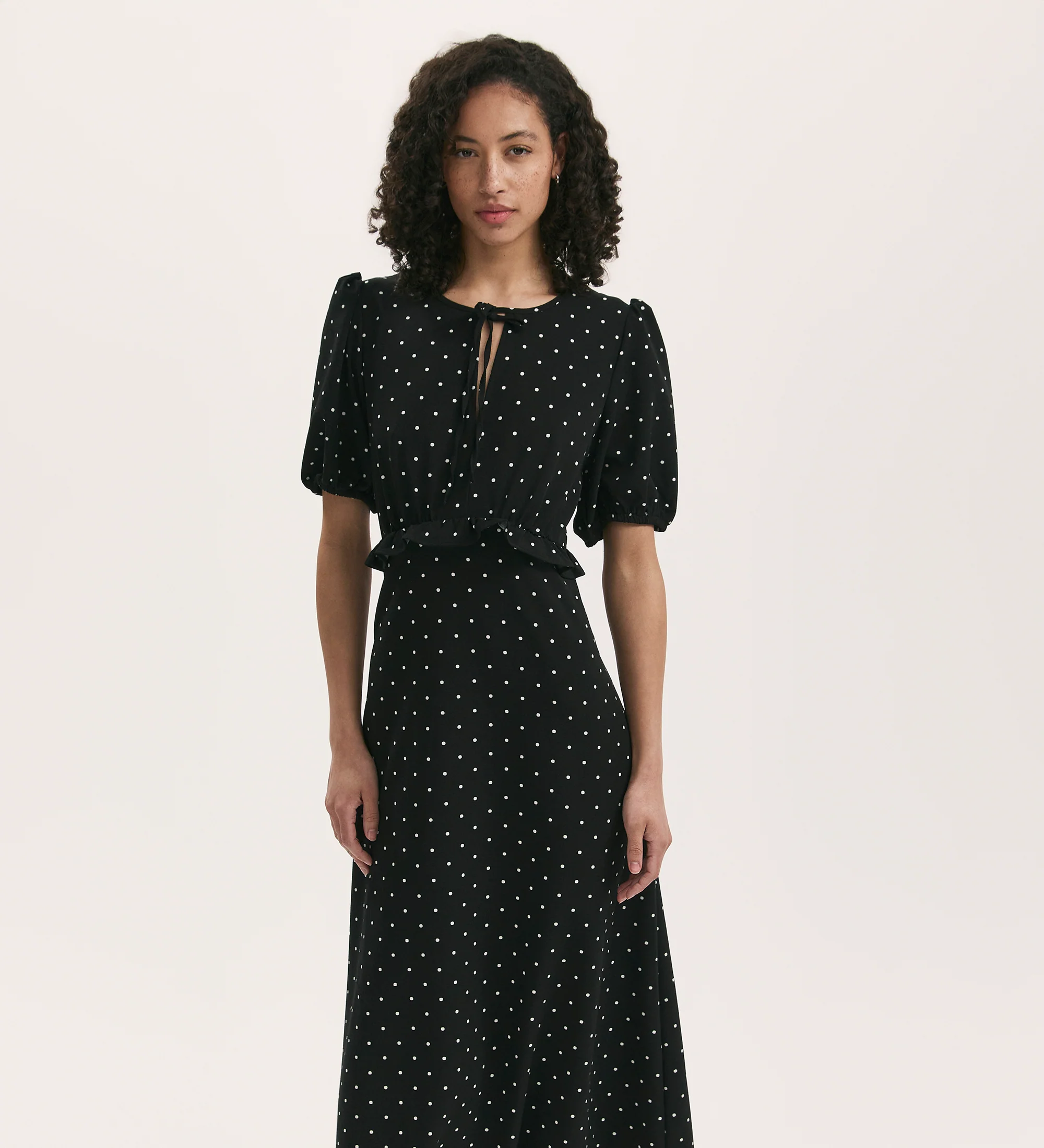 Anika Black Polka Dot Crepe Midi Tea Dress - Image 3