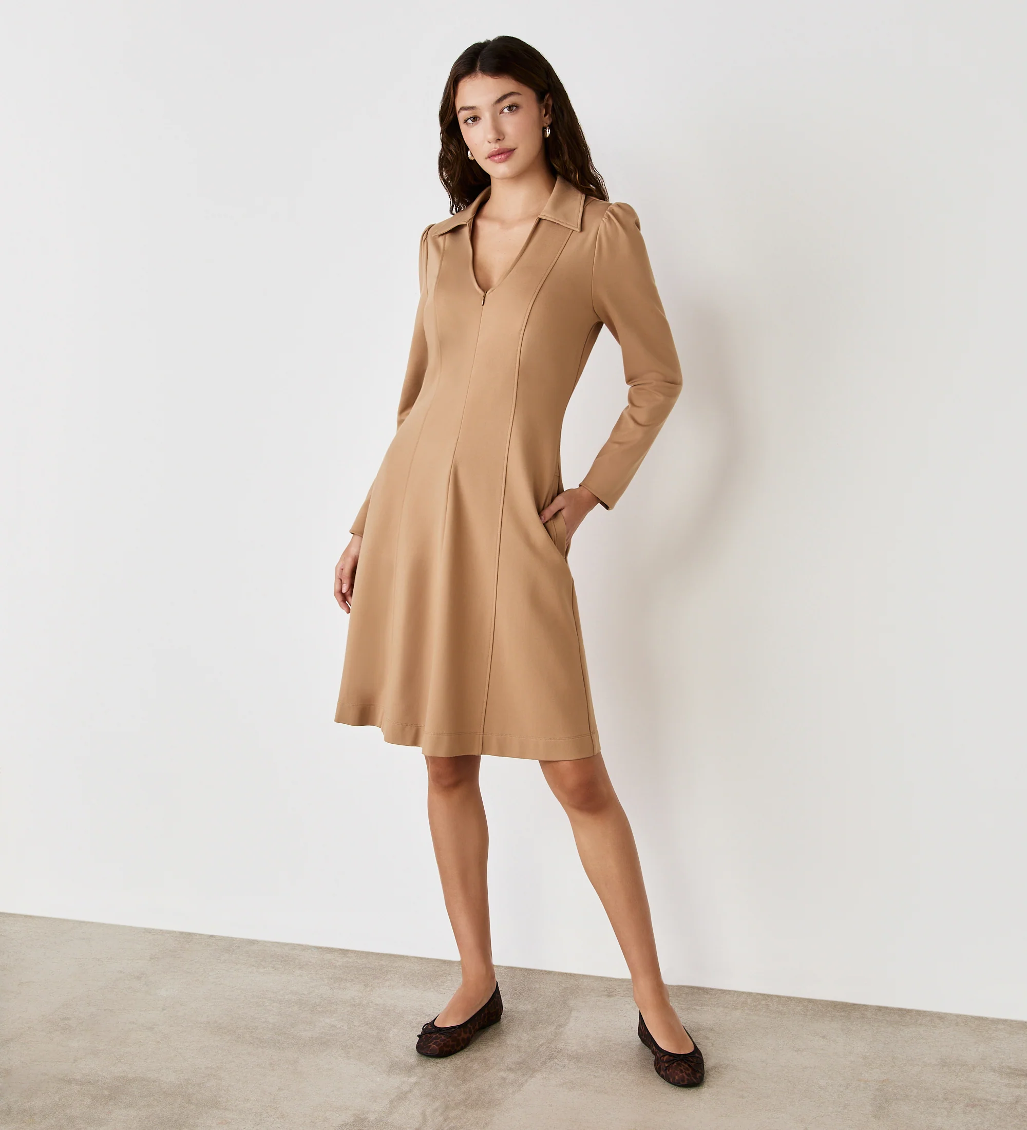Bethany Camel Ponte Jersey Knee Length Dress - Image 3