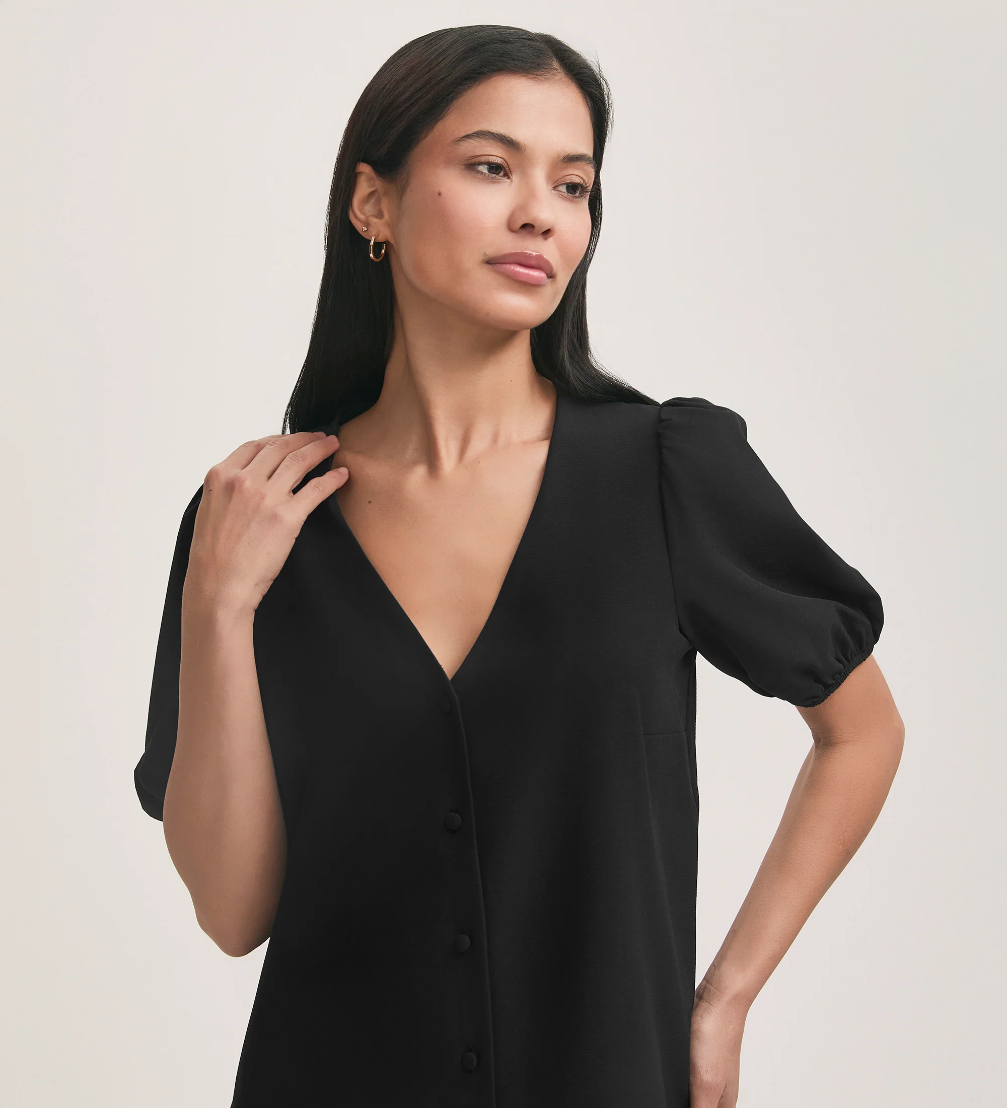 Fleur Black Crepe Short Sleeve Button Up Blouse - Image 3
