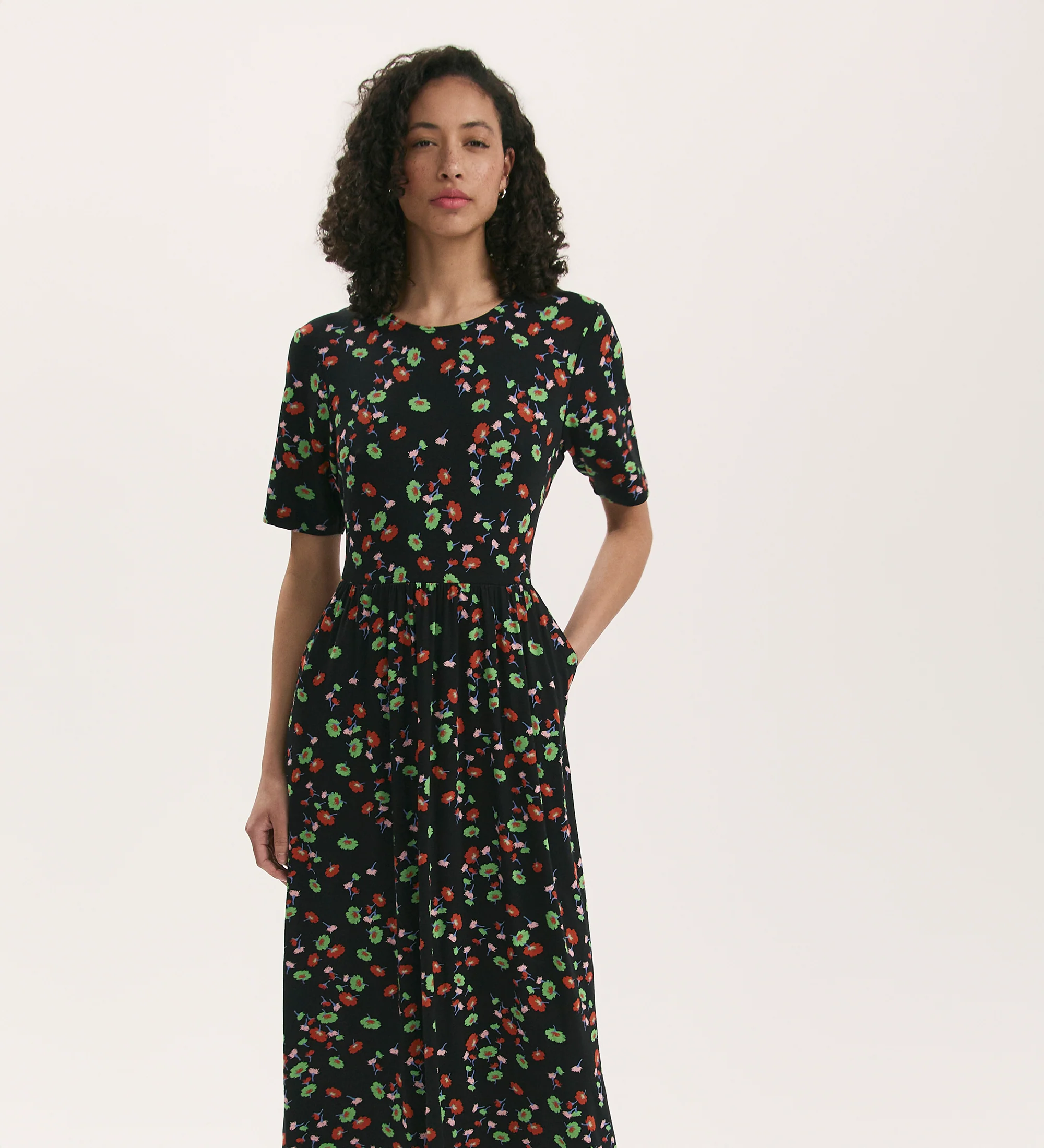 Kathryn Black Flower Jersey Midi T-Shirt Dress - Image 3