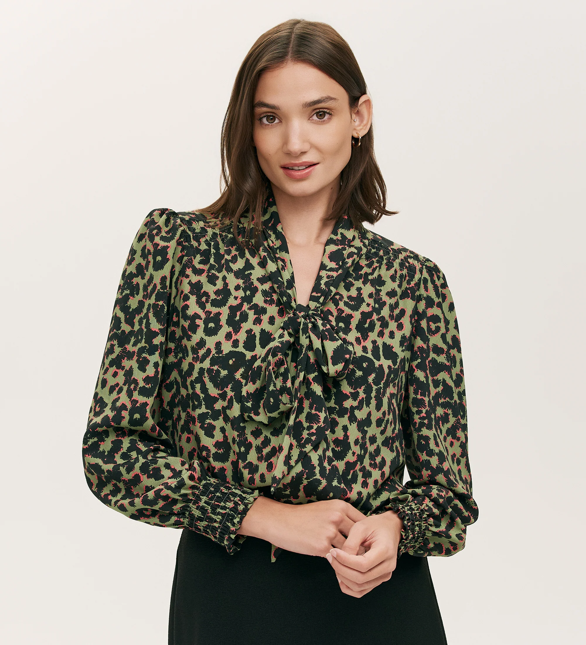 Lindsay Khaki Animal Print Pussy Bow Blouse - Image 3