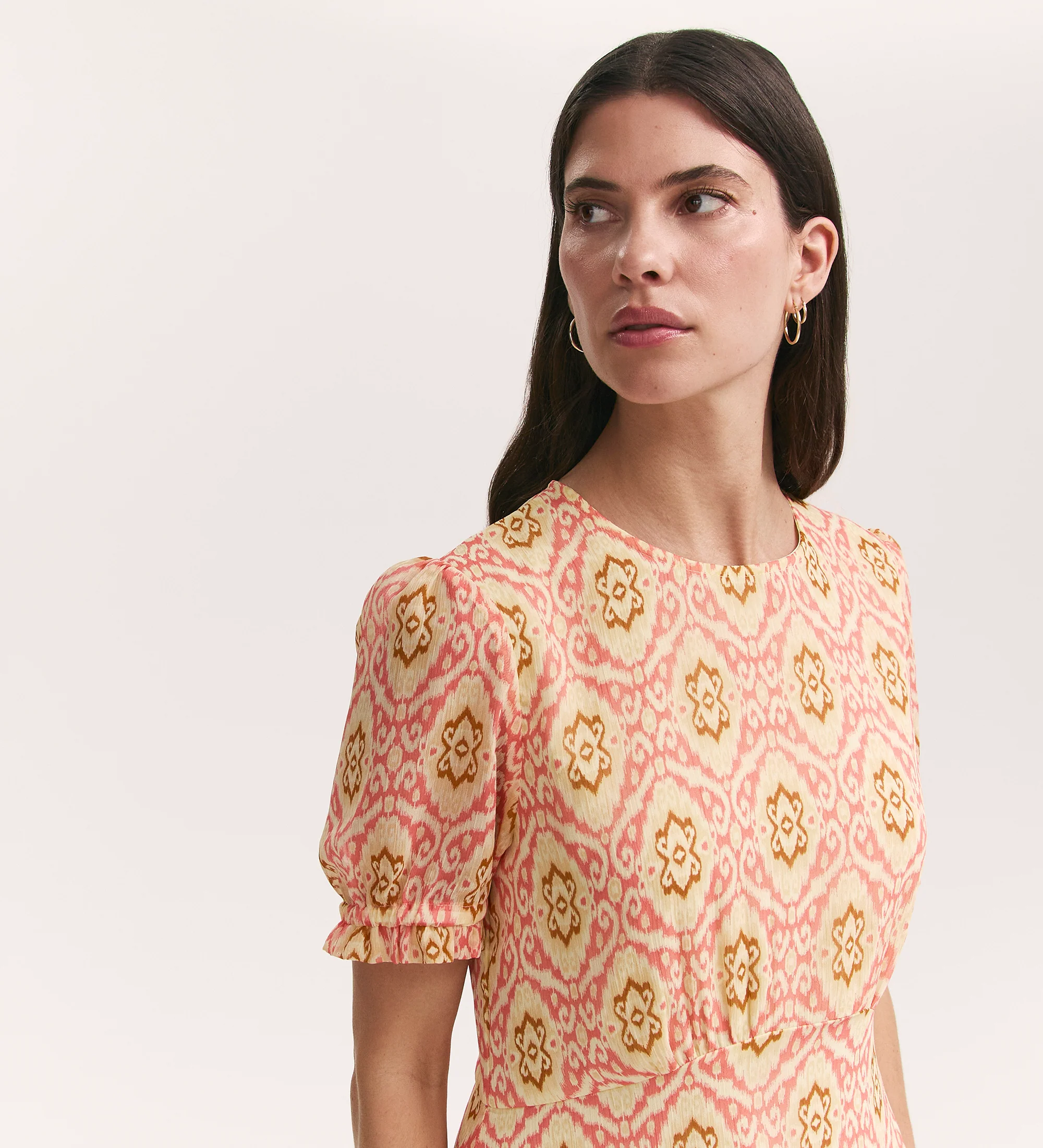 Mela Coral Ikat Chiffon Midi Tea Dress - Image 3