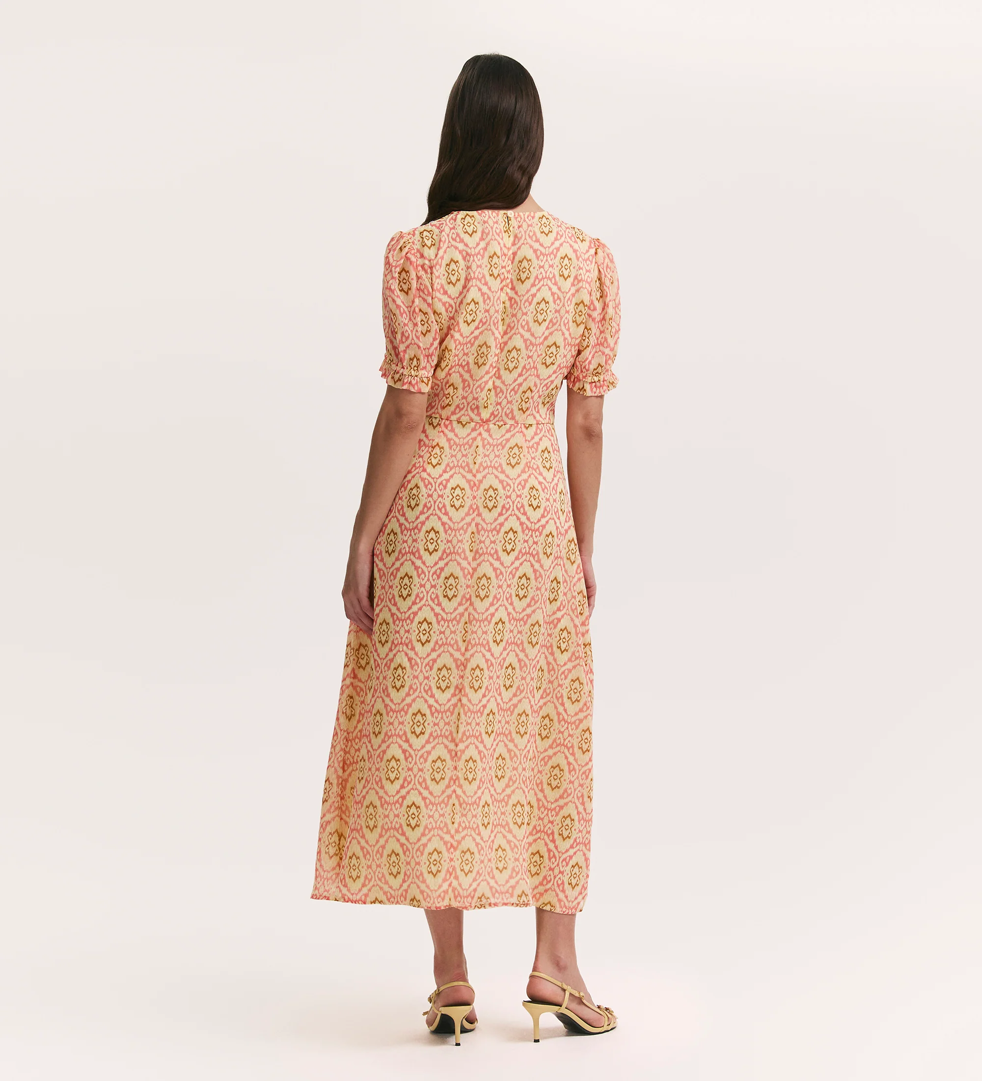 Mela Coral Ikat Chiffon Midi Tea Dress - Image 4
