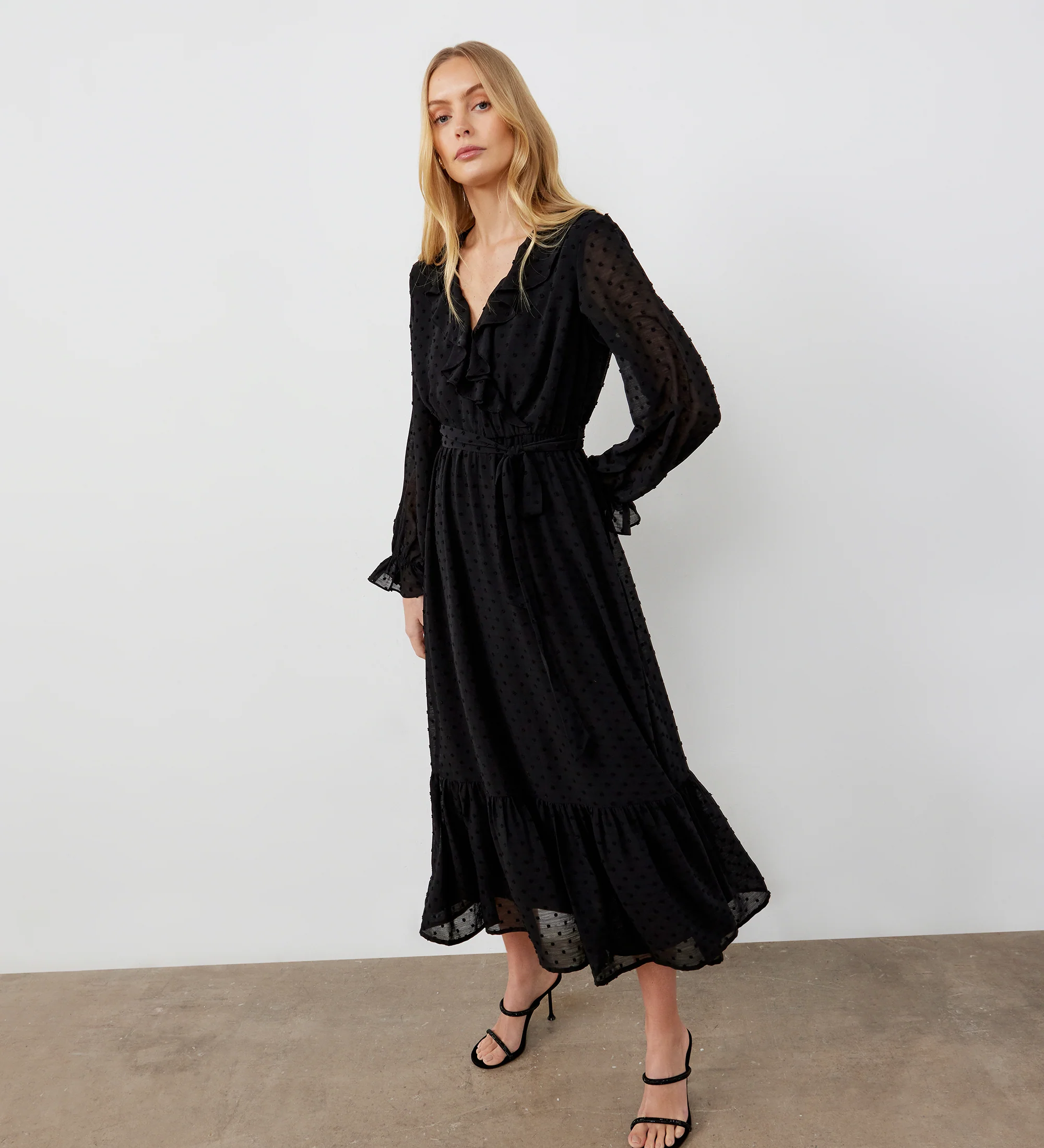 Rosalie Black Chiffon Midi Wrap Dress - Image 3