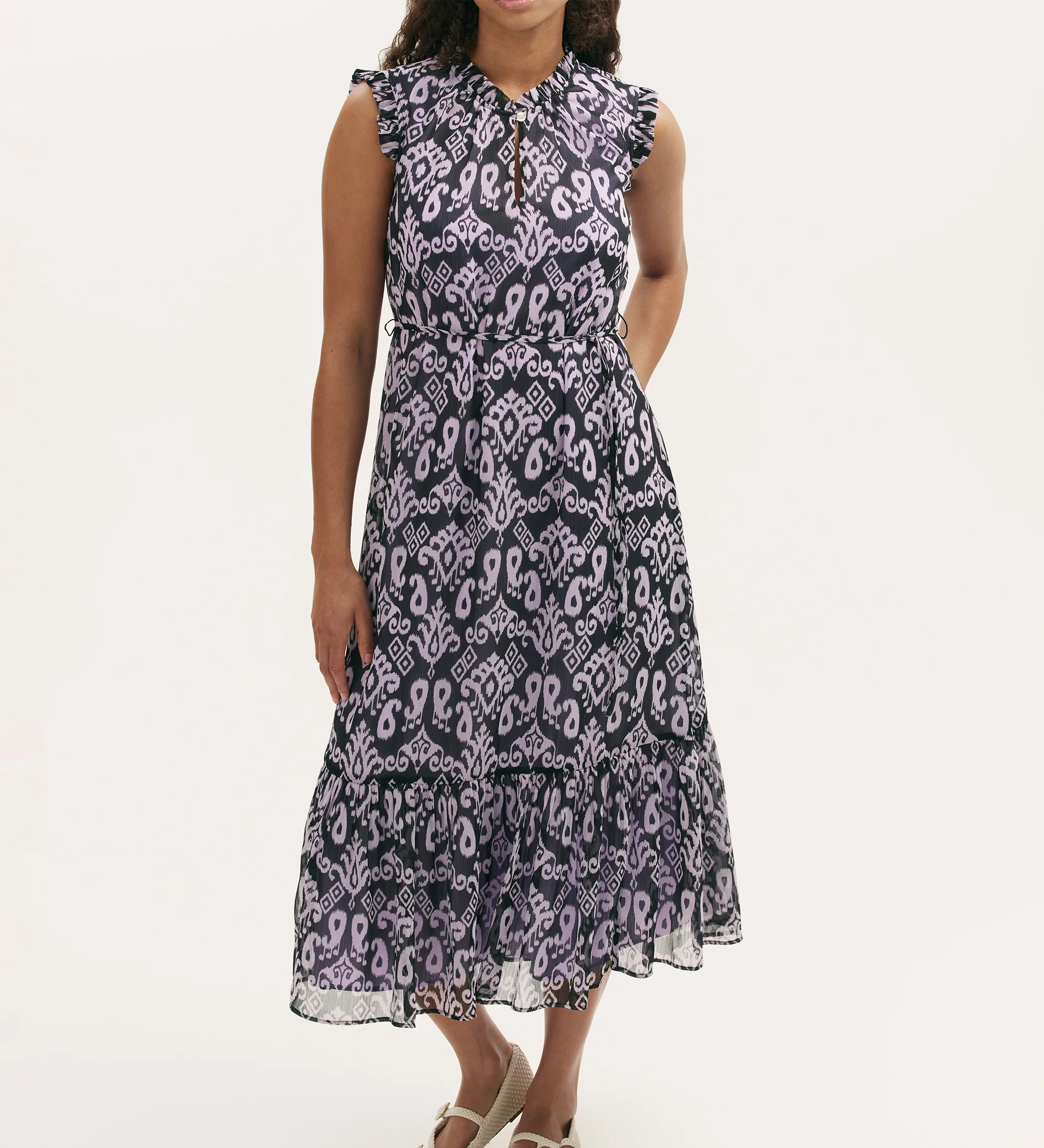 Rosalind Lilac Ikat Chiffon Sleeveless Midi Dress - Image 3